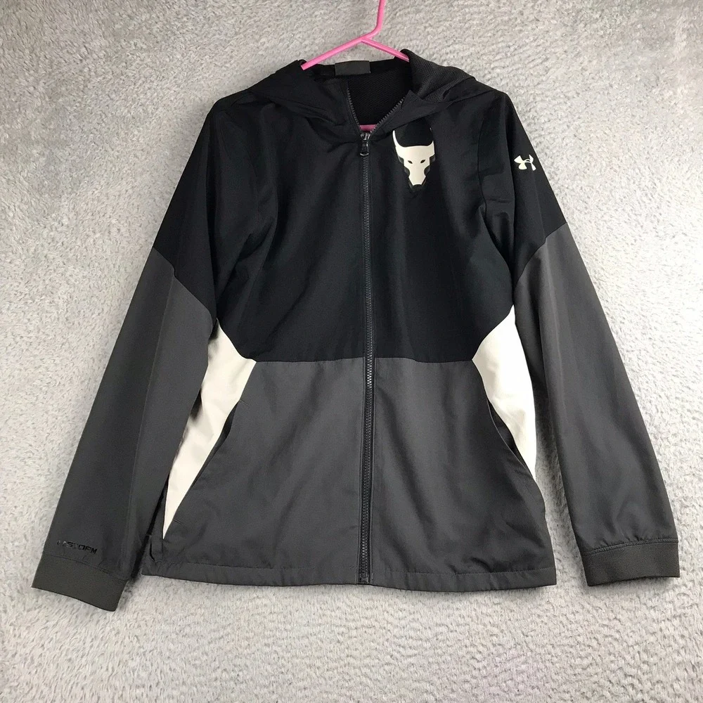 Under Armour Project Rock Jacket Kids YXL Black‎ Grey Brahma Full Zip Hoodie